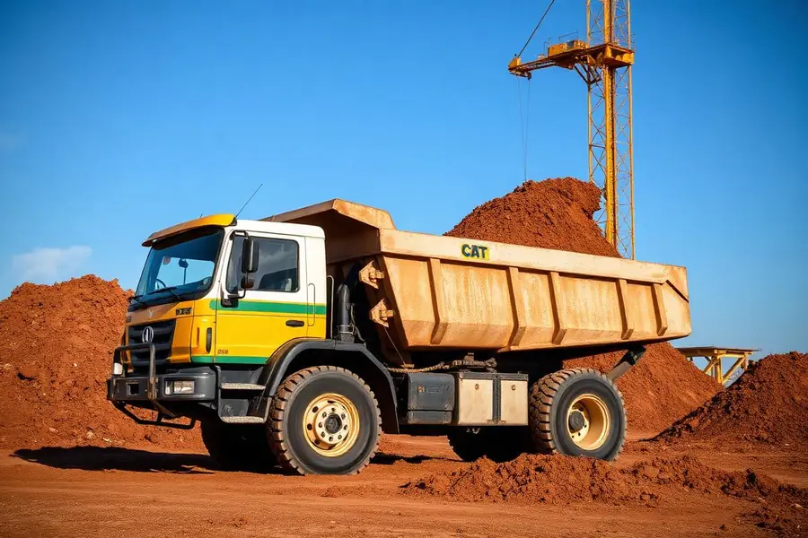 Caminhão basculante descarregando terra em obra de terraplenagem