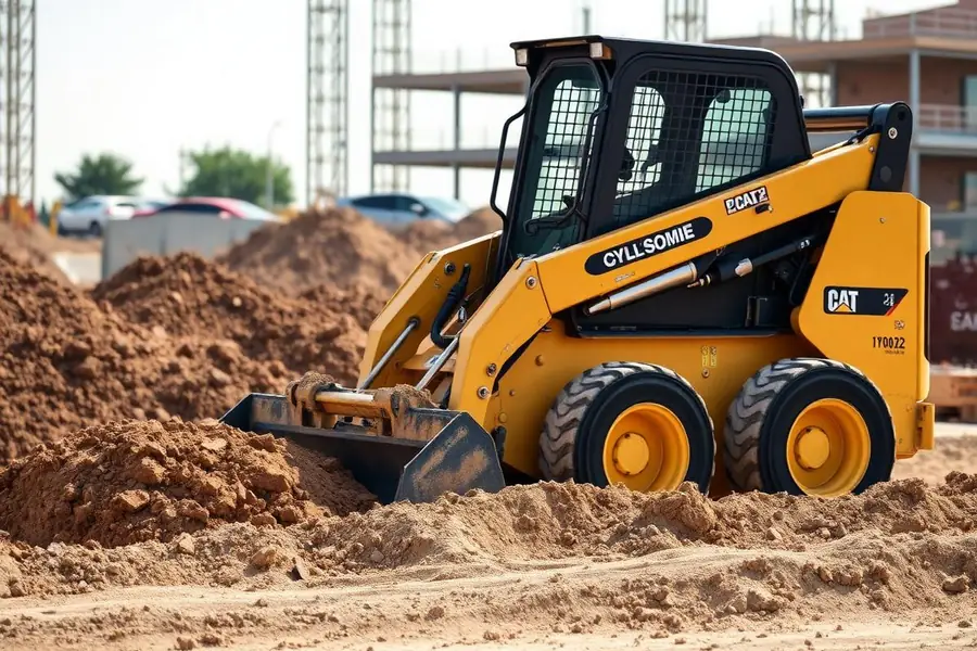Mini carregadeira amarela movimentando terra em canteiro de obra