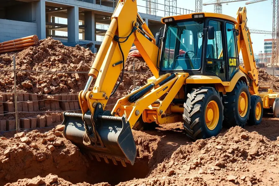 Retroescavadeira amarela abrindo vala em obra de terraplenagem