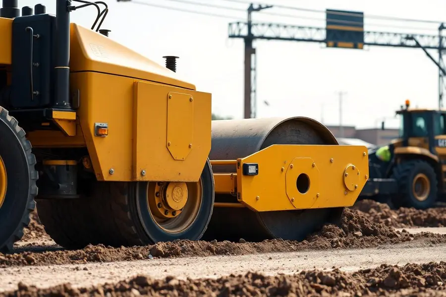 Rolo compactador vibratório amarelo compactando solo em obra